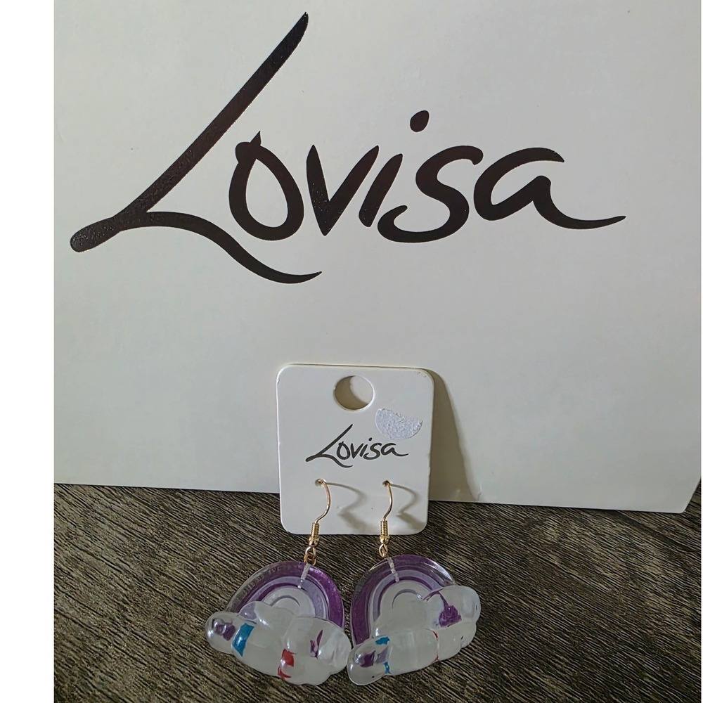 Lovisa Kids Rainbow Cloud Drop Earrings Purple White Gold Tone Resin Whimsical